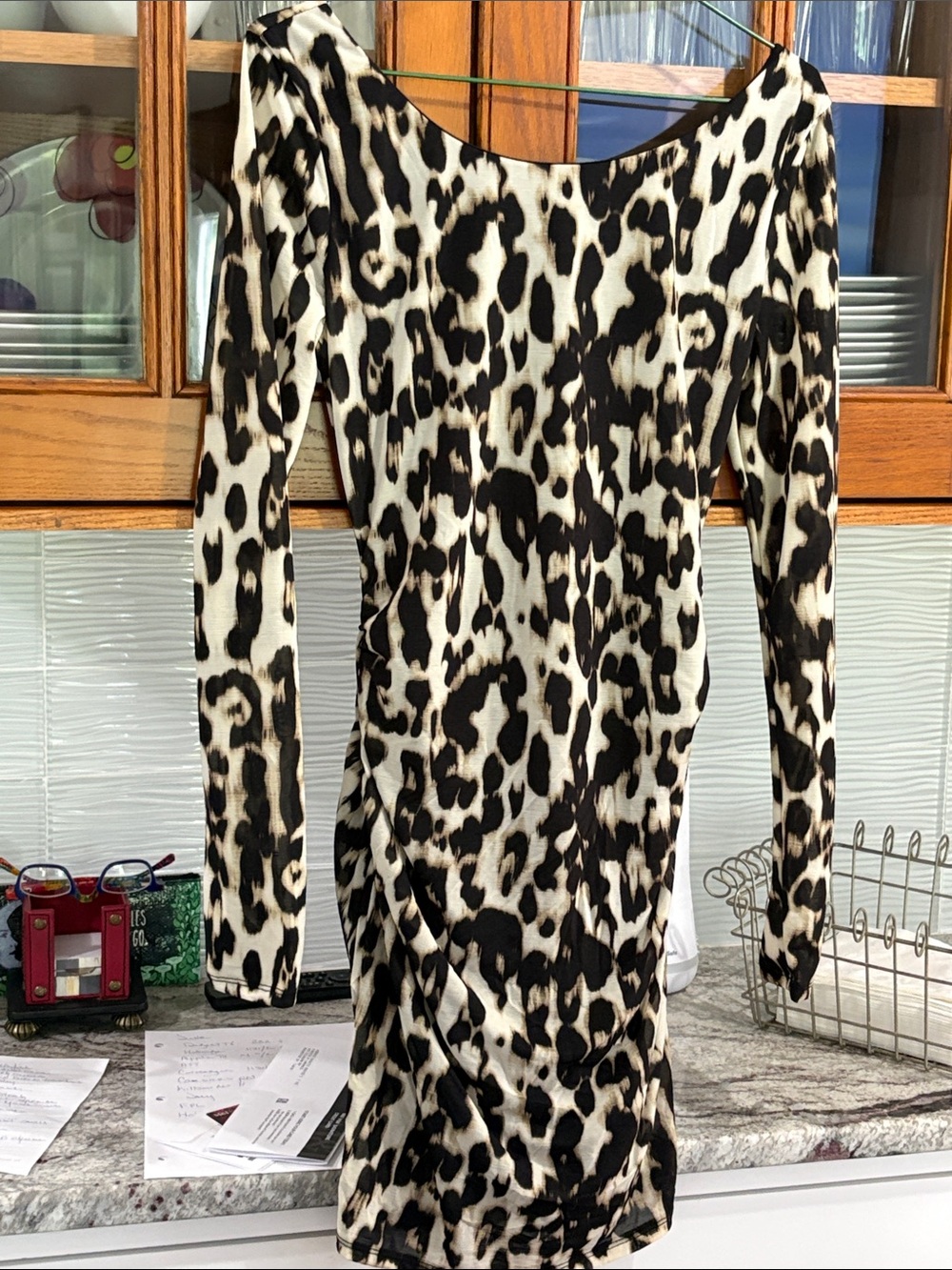 Guess Animal Print Long Sleeve Bodycon Dress - Black & Cream